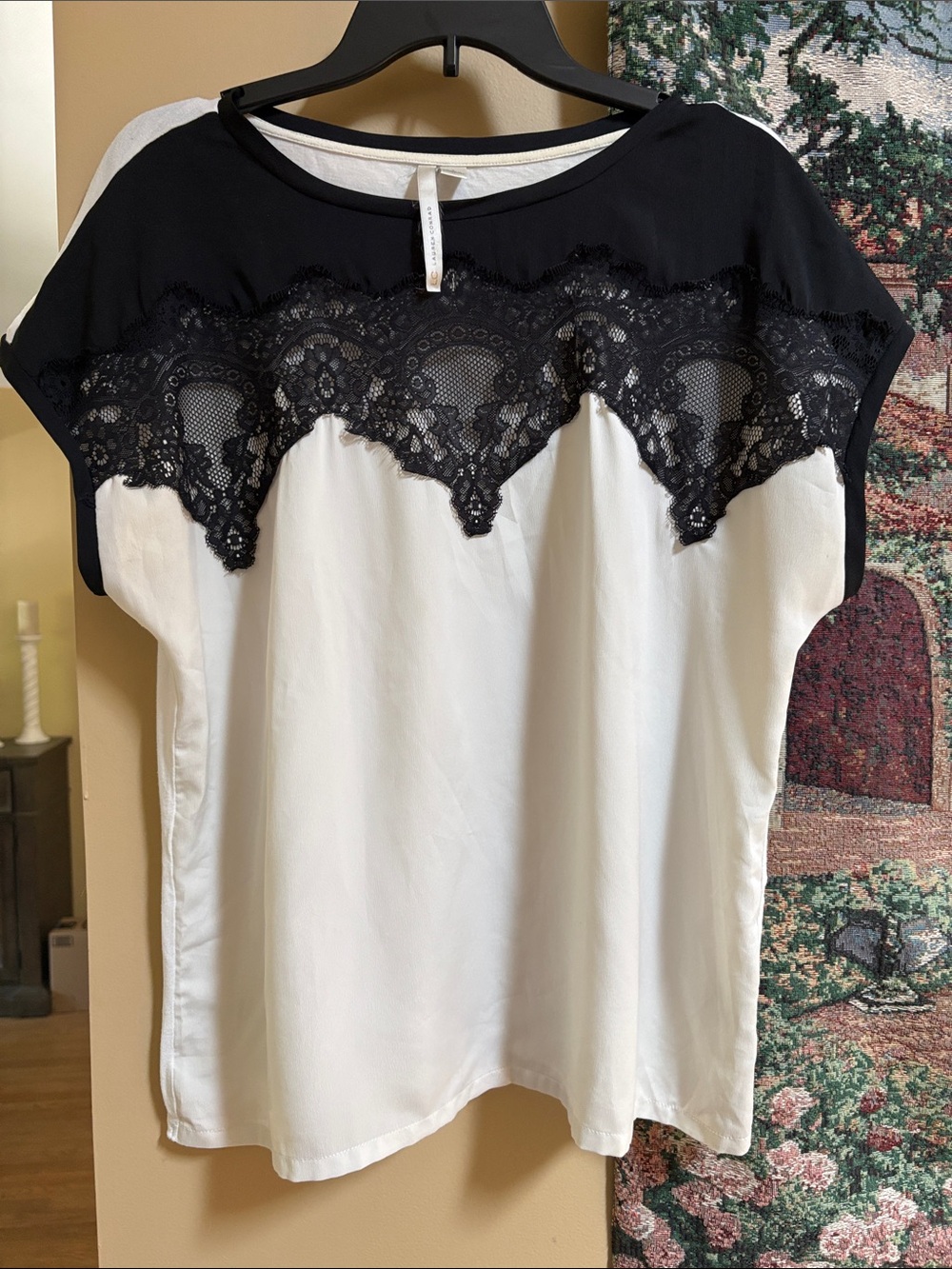 LC Lauren Conrad Black and White Lace Yoke Blouse
